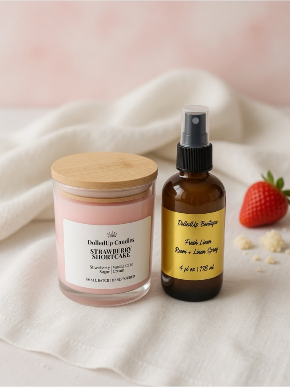 Strawberry Linen Sanctuary Set | Strawberry Shortcake Candle + 4oz Linen Spray - Picture 3 of 3